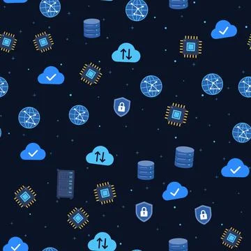 Cloud computing seamless pattern with microchips, globes, databases, shield Stock Illustration