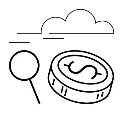 Cloud computing search with magnifying glass and dollar coin linear outline Stock Illustration