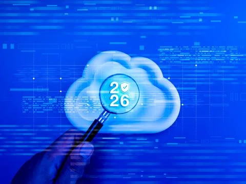 Cloud computing security 2026 concept with magnifying glass on cloud icon a.. Stock Photos