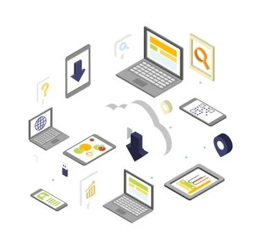 Cloud computing security concept design with computer, tablet, laptop and 库存插图