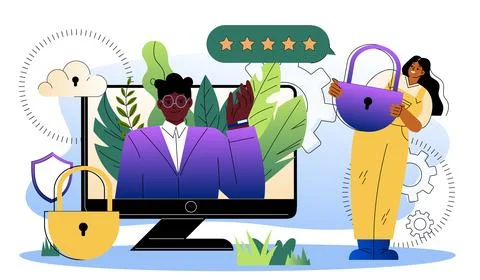 Cloud computing security concept. Woman with padlock near computer monitor Stock Illustration