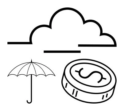 Cloud computing security represented by cloud, umbrella, and coin with doll.. Stock Illustration