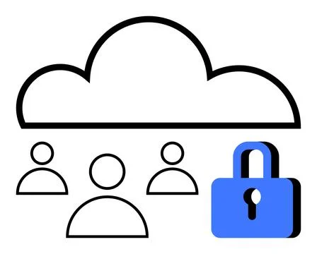 Cloud Computing Security Represented by a Cloud, User Icons, and a Blue Padlo イラスト素材