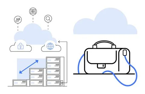 Cloud Computing with Server Infrastructure and Briefcase Representing Remot.. Illustrazione stock