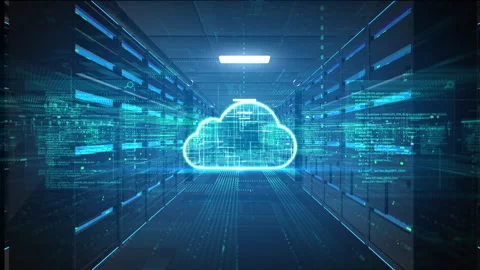 Cloud computing server room with digital data transfer Stock Footage 337862443