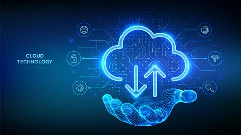 Cloud computing service. Cloud icon in wireframe hand. Secure Cloud Storage.  스톡 일러스트
