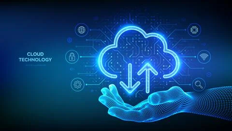 Cloud computing service. Cloud icon in wireframe hand. Secure Cloud Storage.  Stock Illustration