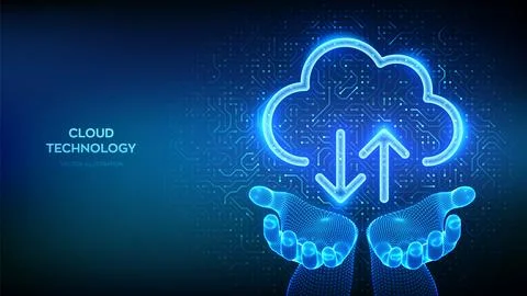 Cloud computing service. Cloud icon in wireframe hands. Secure Cloud Storage. Stock Illustration