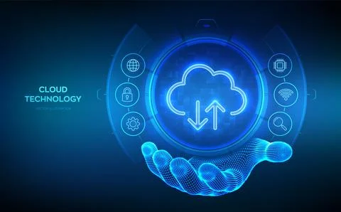 Cloud computing service. Cloud icon in wireframe hand. Cloud services techn.. Stock Illustration