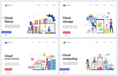Cloud computing service, data online library vector illustrations, cartoon flat Illustrazione stock