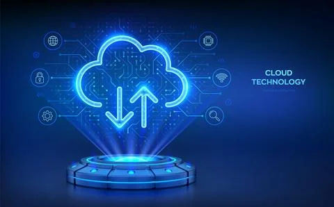 Cloud computing service. Holographic platform with glowing rays forming a pro Stock Illustration