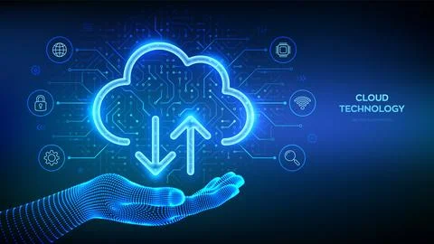 Cloud computing service. Secure Cloud Storage. Database storage, Data center. Illustrazione stock