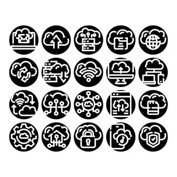 Cloud computing services and networking technology icons set Stock Illustration