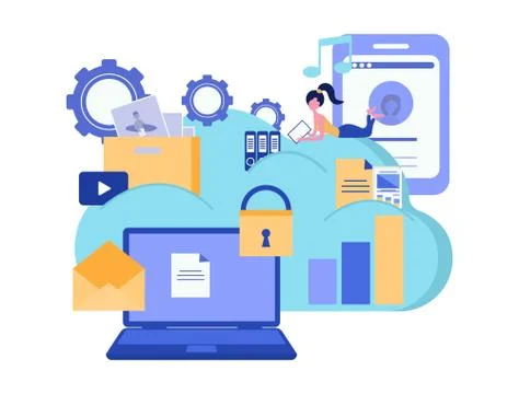 Cloud computing services and technology. Cloud storage. Data protection. Busi Stockillustratie