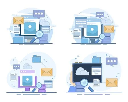 Cloud computing set featuring connected applications, digital services Stock Illustration