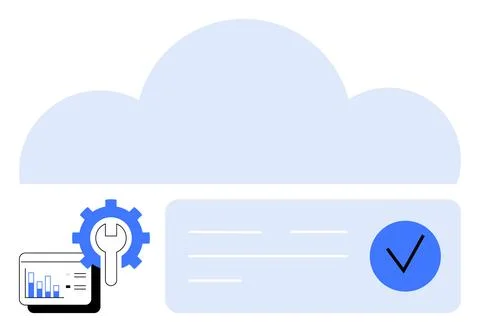 Cloud Computing Setup with Gear and Check Mark for Data Management and Secu.. Stock Illustration