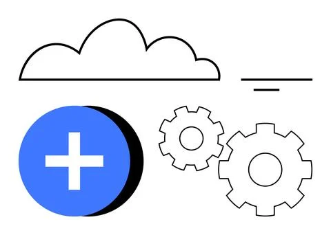 Cloud Computing Setup with Plus Icon and Gears Representing Service Integration Stock Illustration