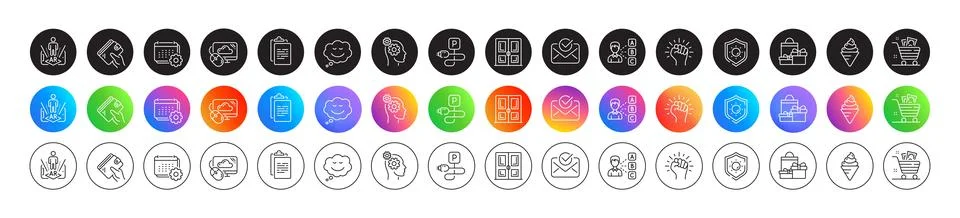Cloud computing, Shopping and Clipboard line icons. For web app, printing. Round Ilustração Stock