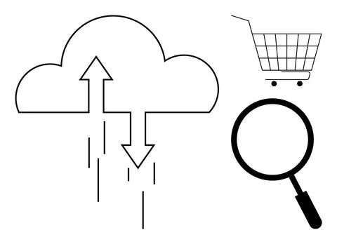 Cloud Computing with Shopping Cart and Magnifying Glass 스톡 일러스트