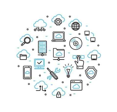 Cloud Computing Sign Round Design Template Thin Line Icon Banner. Vector Stock Illustration