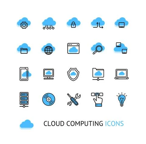 Cloud Computing Sign Thin Line Icon Set. Vector Stock Illustration