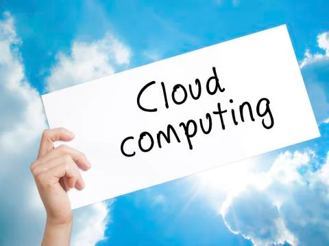 Cloud computing Sign on white paper. Man Hand Holding Paper with text. Isol.. Stock Photos