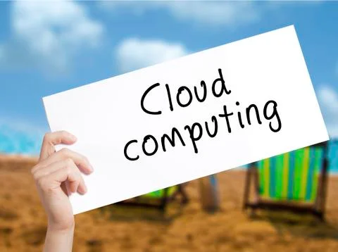 Cloud computing Sign on white paper. Man Hand Holding Paper with text. Isolat Stock Photos