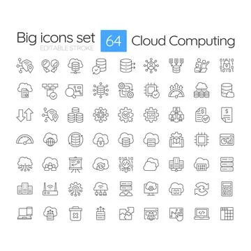 Cloud computing simple line icons set Stock Illustration