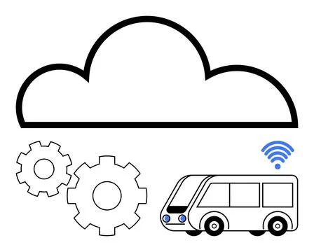 Cloud computing simplified with gears and self-driving bus with wireless 스톡 일러스트