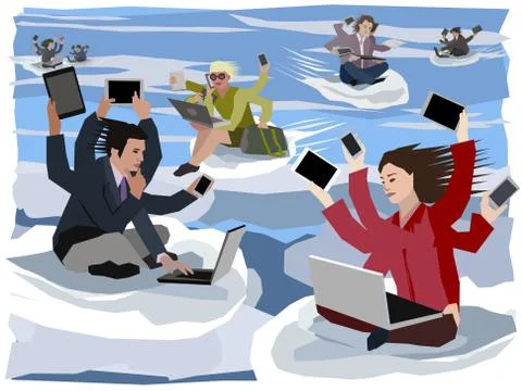 Cloud-computing six-armed digital nomads flying to their next workplaces Stock Illustration