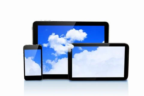 Cloud Computing on Smartphone and Tablets Against White Background Fotos Stock