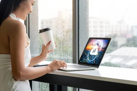 Cloud computing software for modish remote work Stock Photos