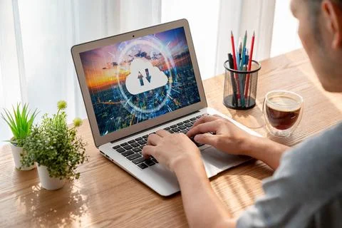 Cloud computing software for modish remote work Stockfoto's