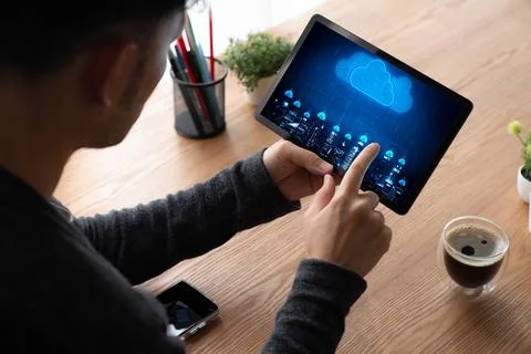 Cloud computing software for modish remote work Stock Photos