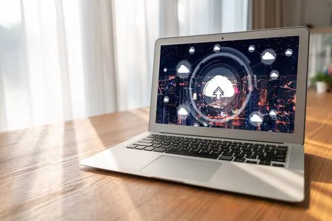 Cloud computing software for modish remote work Stock Photos