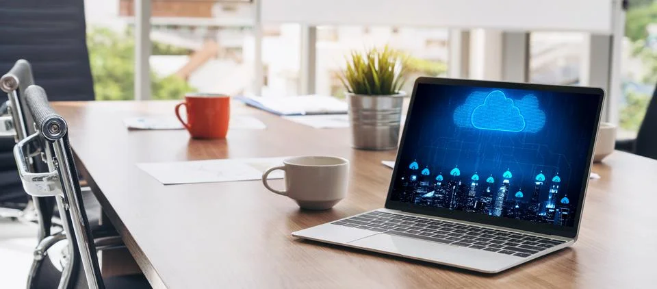 Cloud computing software for modish remote work Stock Photos