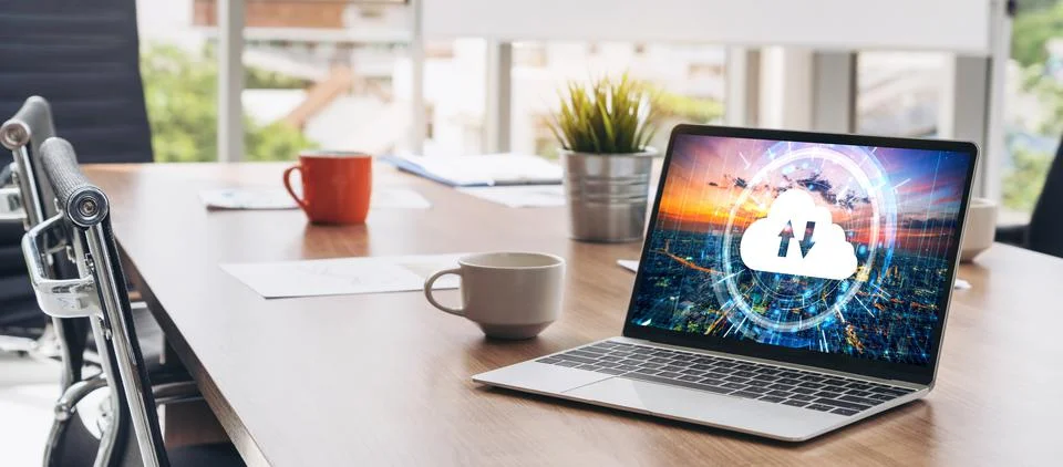 Cloud computing software for modish remote work Stock Photos