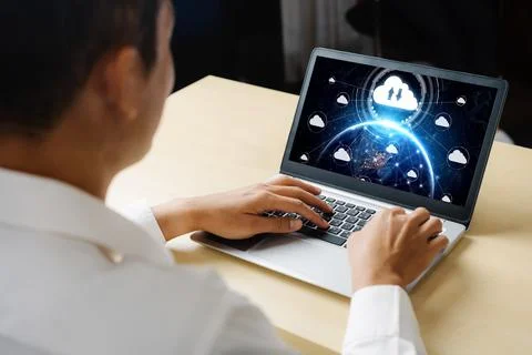 Cloud computing software for modish remote work Stock Photos