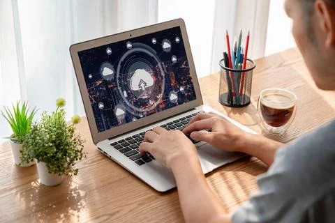 Cloud computing software for modish remote work Stock Photos