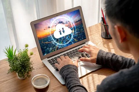 Cloud computing software for modish remote work Stock Photos