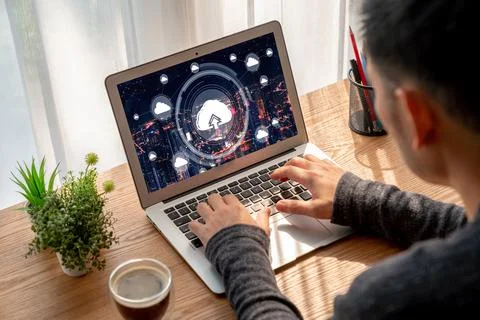 Cloud computing software for modish remote work Stock Photos