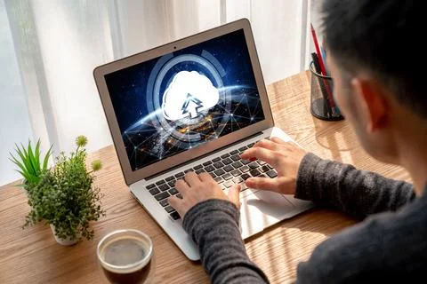 Cloud computing software for modish remote work Stock Photos