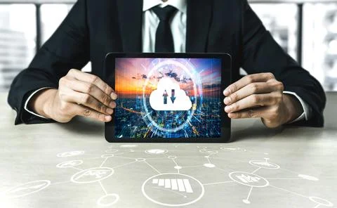 Cloud computing software for modish remote work Stock Photos