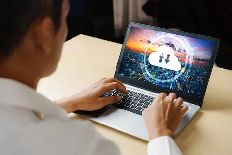 Cloud computing software for modish remote work Stock Photos