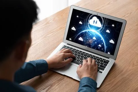 Cloud computing software for modish remote work Stock Photos