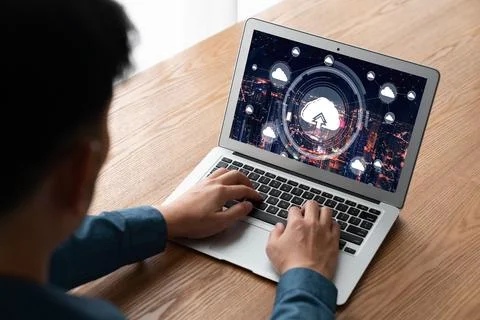 Cloud computing software for modish remote work Stock Photos