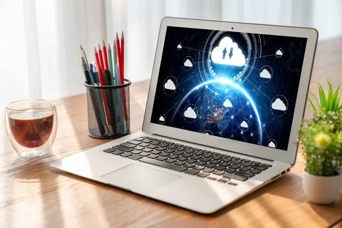 Cloud computing software for modish remote work Stock Photos