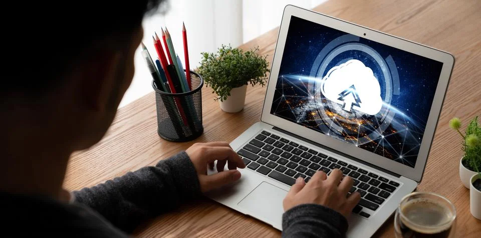 Cloud computing software for modish remote work Stock Photos