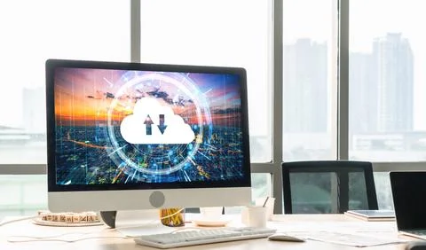 Cloud computing software for modish remote work Stock Photos