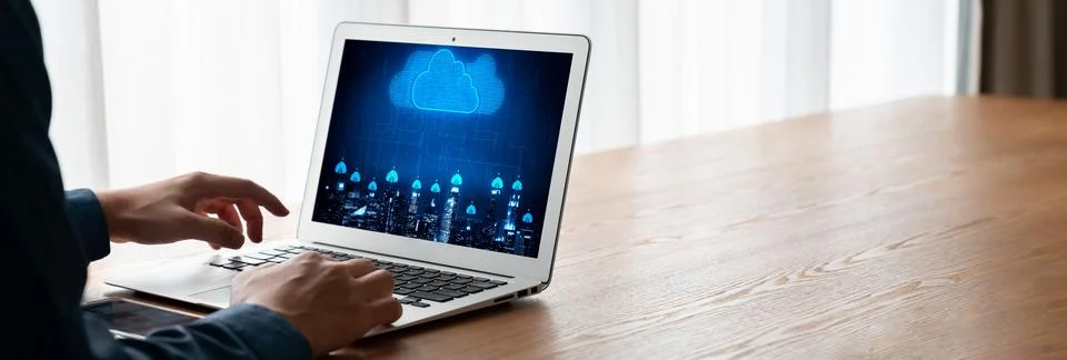 Cloud computing software for modish remote work Stock Photos